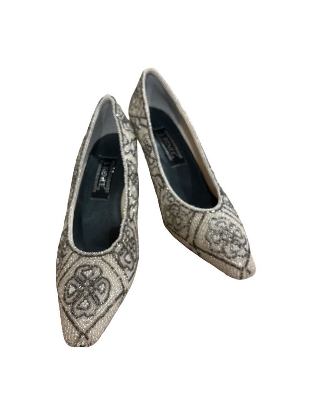 80s J.RENEE BEAD ENCRUSTED CREAM & GRAY FLORAL PATTERN 3” HEEL GLAMOROUS SHOES 8